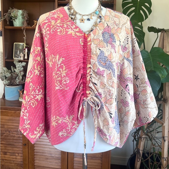 She Lives Beauty Tops - She Lives Beauty Pink Bird Kantha Butterfly Cinch Tie Reversible V-Neck Shirt